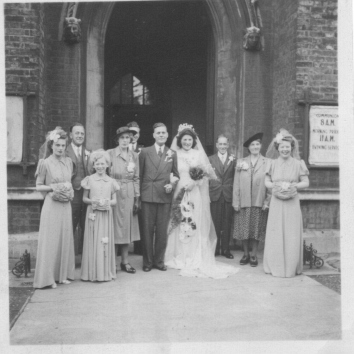 Taken at St. Johns Church, Upper Holloway at the wedding of William( Jack) and Doris Magill. George Wicks and Ivy Magill also married in this church    L to R. Parents of the Groom, The bride and Groom, Parents of the Bride     Bridesmaids are not known